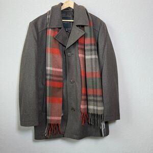 London Fog Men's Wool Blend Brown Button Front Coat with Plaid Scarf M NEW